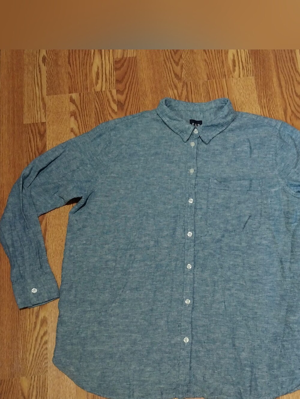 Gap Linen Top Women Size XL Coastal Beach Nautical Blue Button Down Shirt